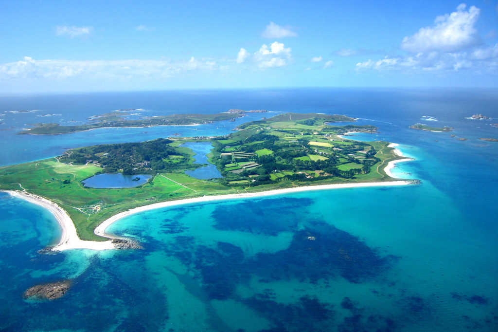 Aerial view featuring the island of Tresco in the foreground
